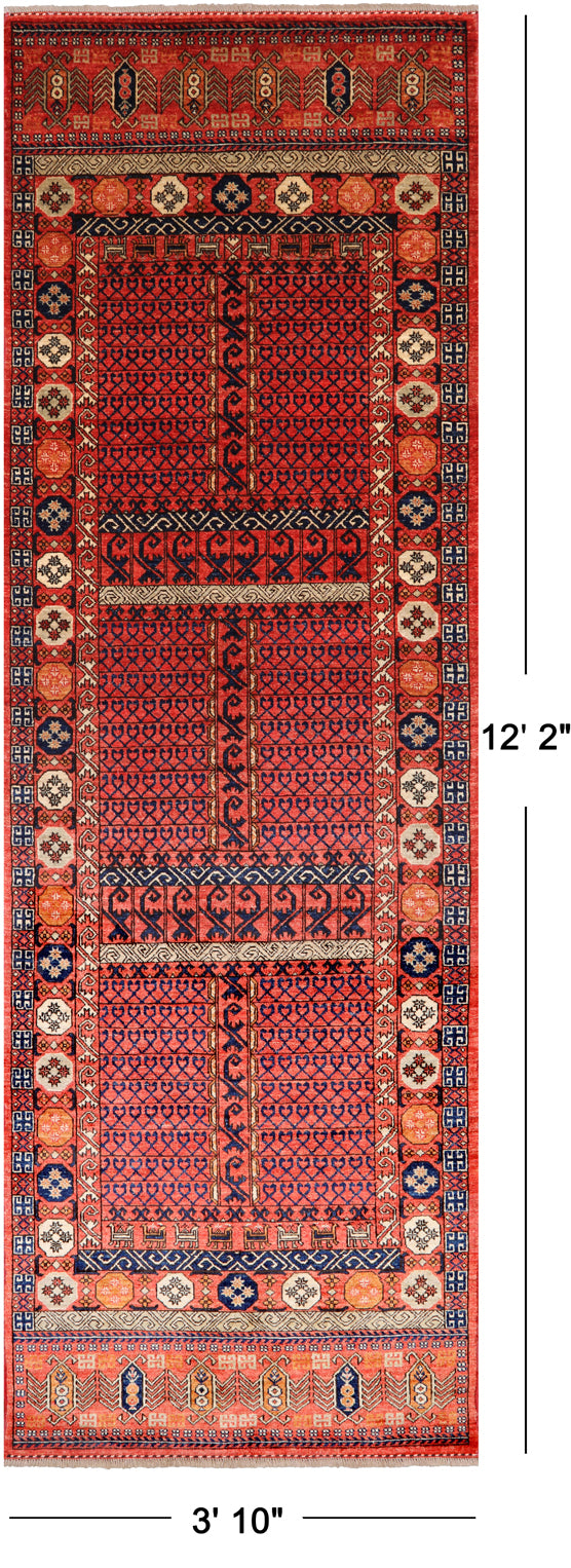 Rust Turkmen Ersari Handmade Wool Runner Rug - 3' 10" X 12' 2"