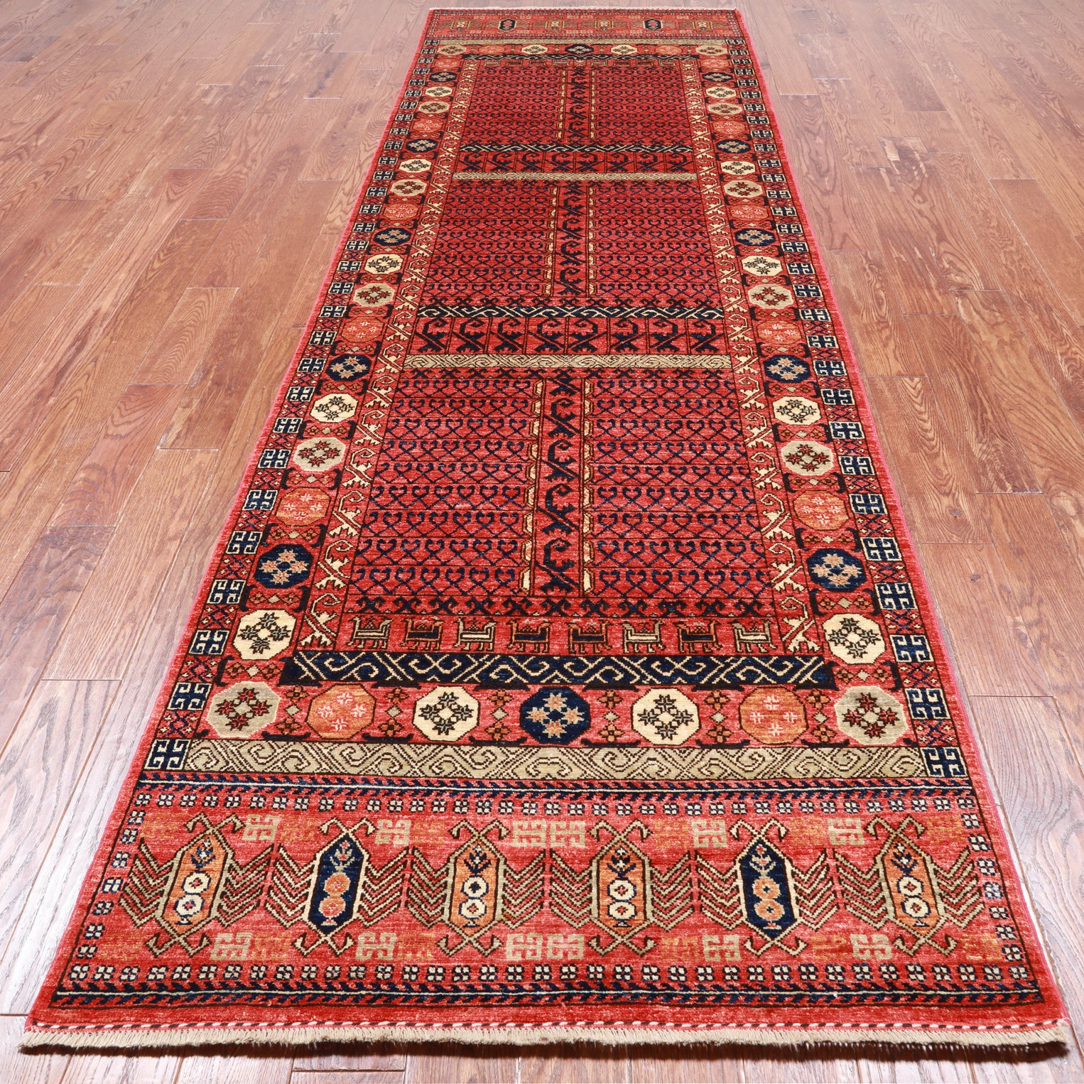 Rust Turkmen Ersari Handmade Wool Runner Rug - 3' 10" X 12' 2"