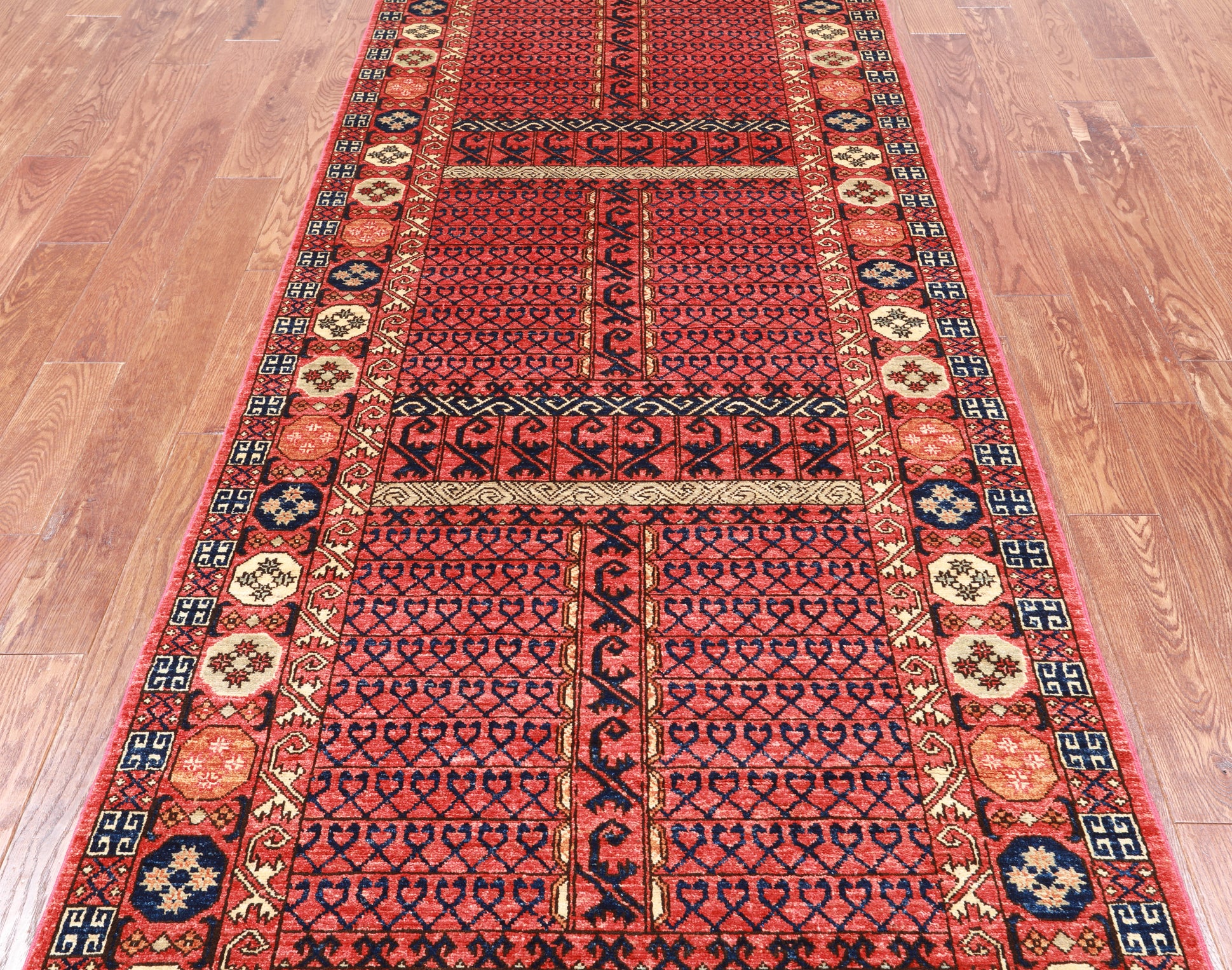 Rust Turkmen Ersari Handmade Wool Runner Rug - 3' 10" X 12' 2"