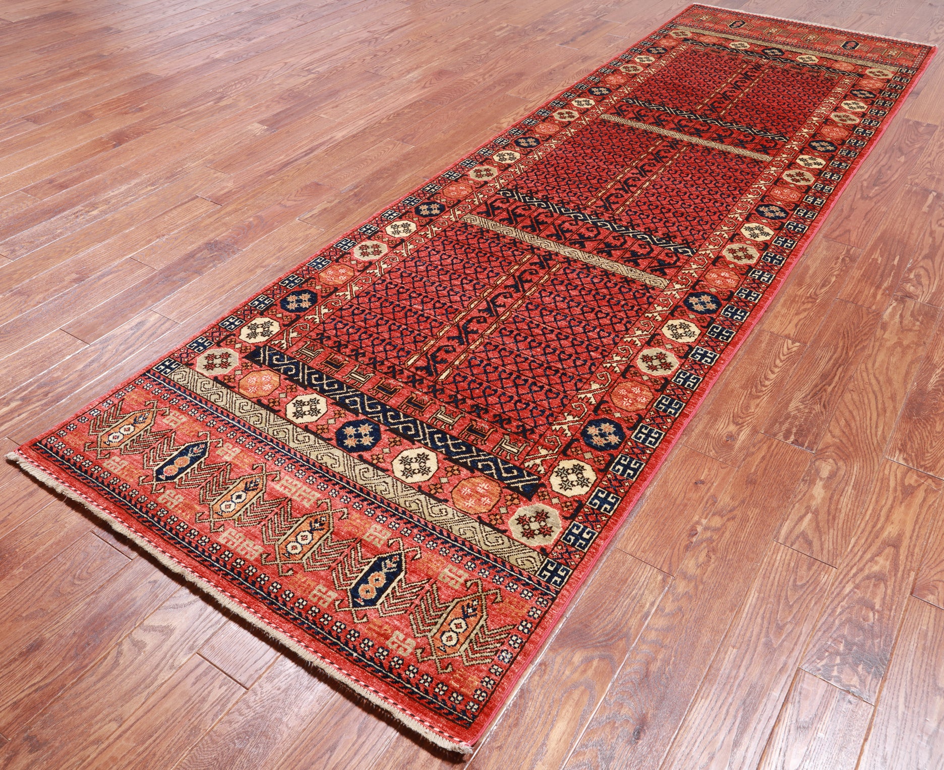 Rust Turkmen Ersari Handmade Wool Runner Rug - 3' 10" X 12' 2"