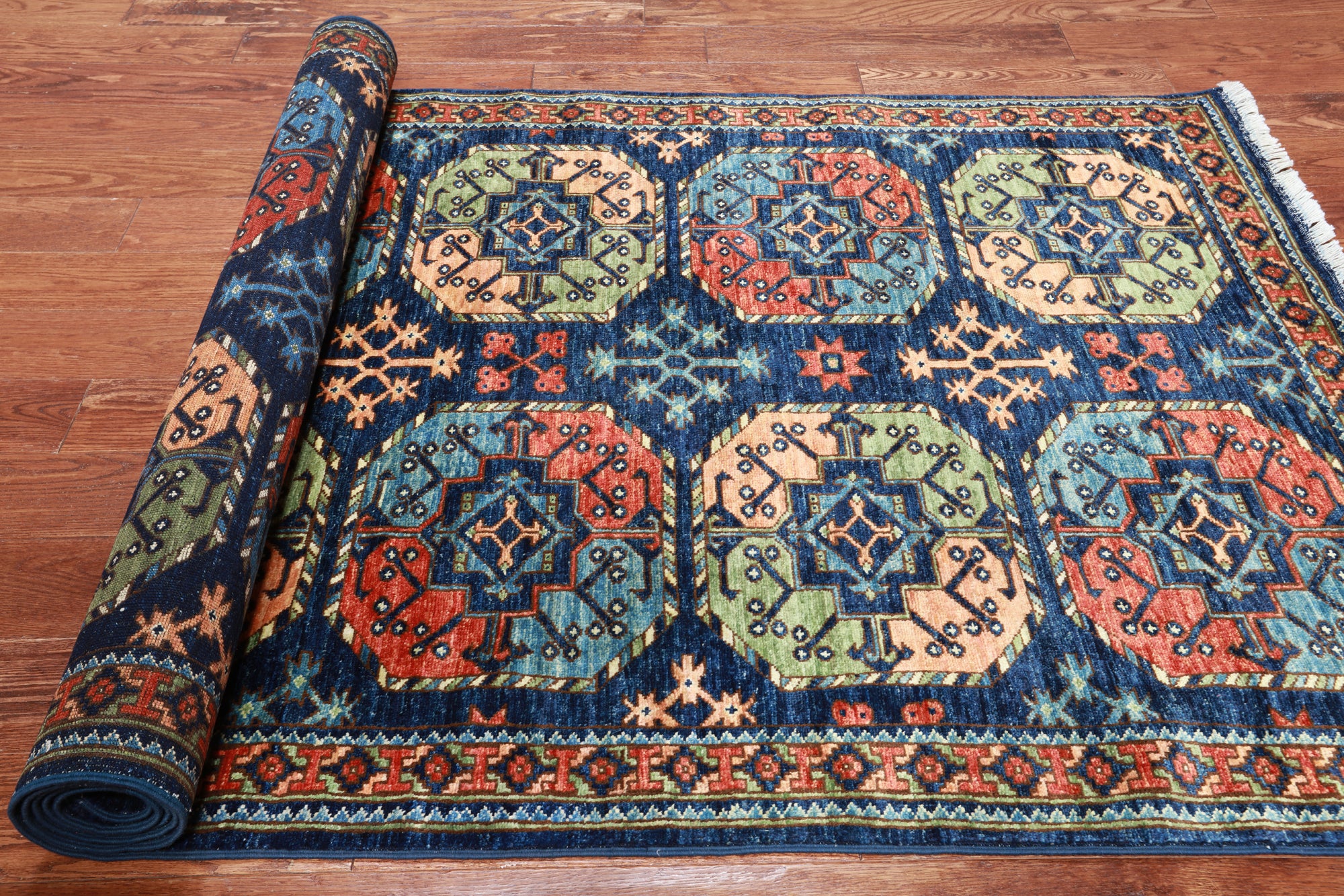 Blue Turkmen Ersari Hand-Knotted Wool Runner Rug - 4' 3" X 9' 7"