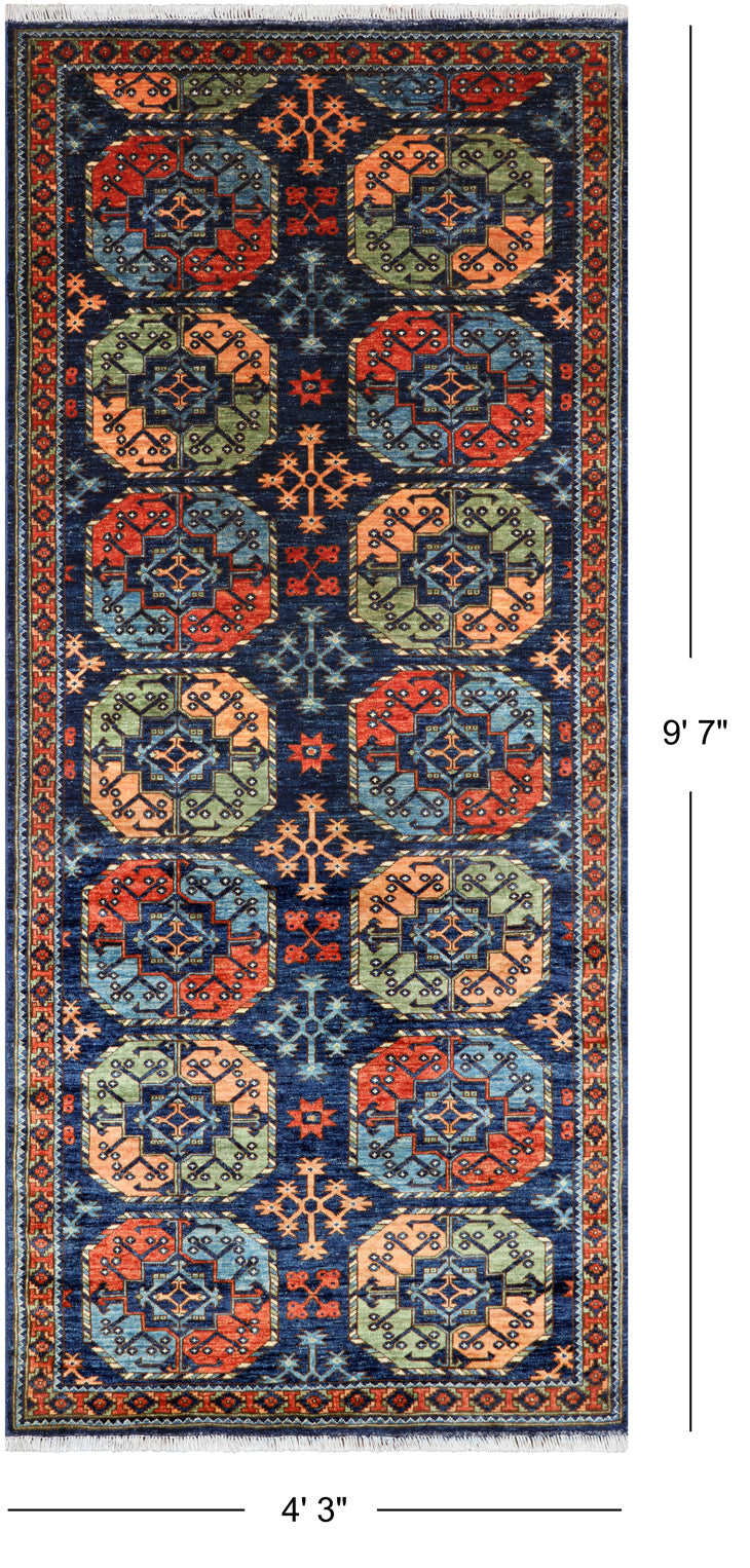 Blue Turkmen Ersari Hand-Knotted Wool Runner Rug - 4' 3" X 9' 7"