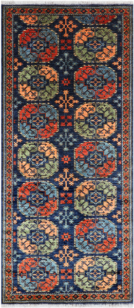 Blue Turkmen Ersari Hand-Knotted Wool Runner Rug - 4' 3" X 9' 7"