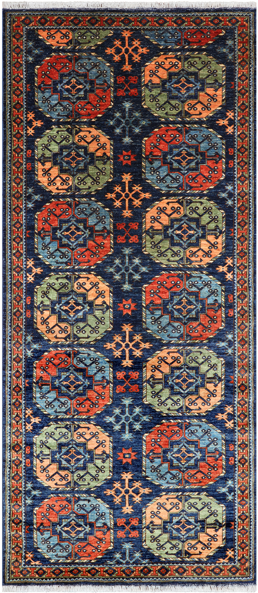 Blue Turkmen Ersari Hand-Knotted Wool Runner Rug - 4' 3" X 9' 7"