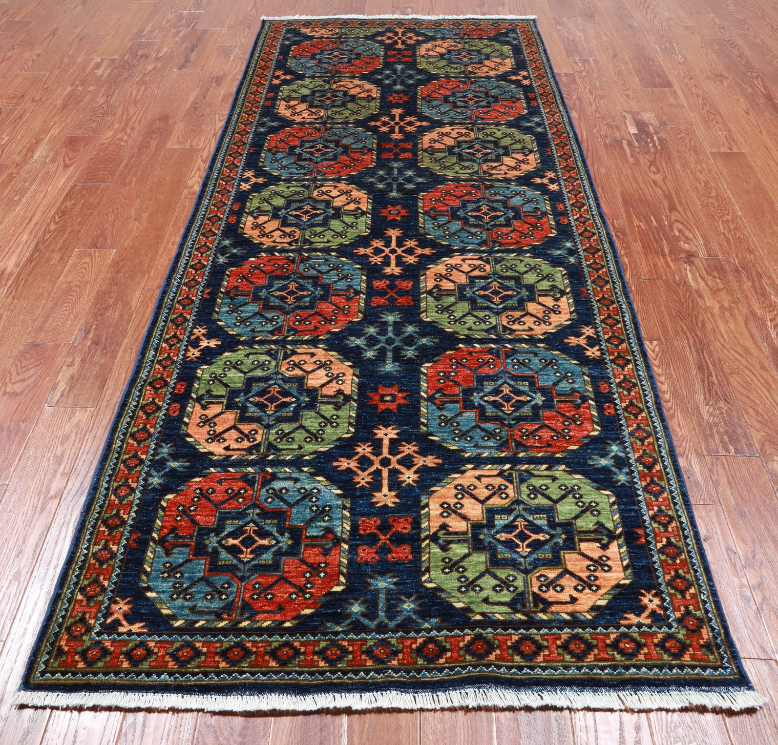 Blue Turkmen Ersari Hand-Knotted Wool Runner Rug - 4' 3" X 9' 7"