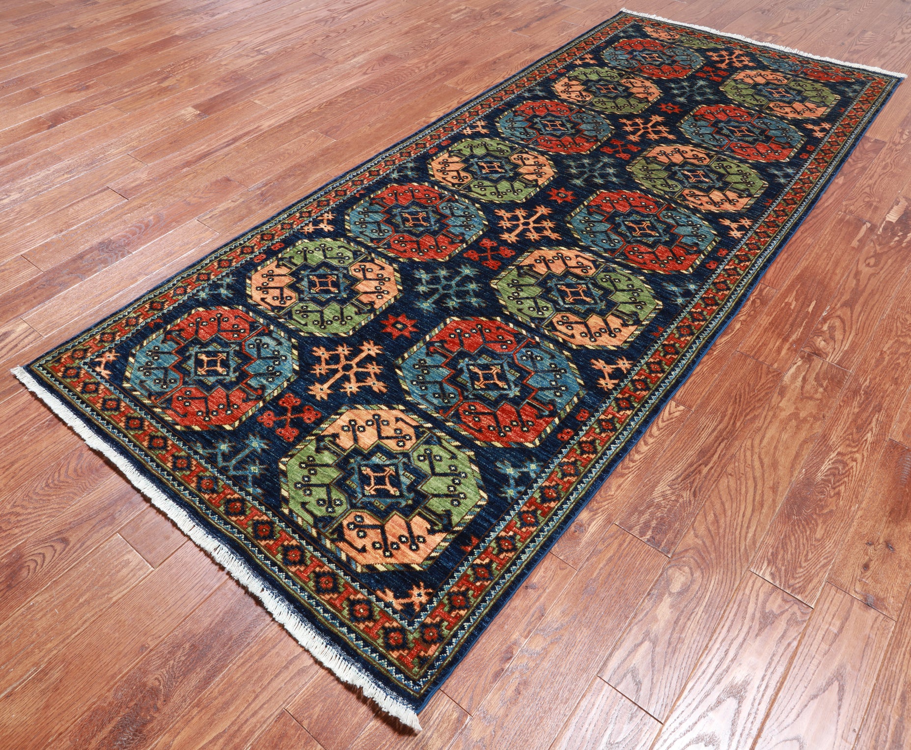 Blue Turkmen Ersari Hand-Knotted Wool Runner Rug - 4' 3" X 9' 7"
