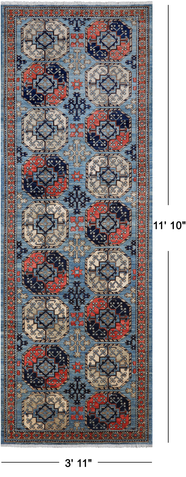 Blue Turkmen Ersari Hand Knotted Wool Runner Rug - 3' 11" X 11' 10"