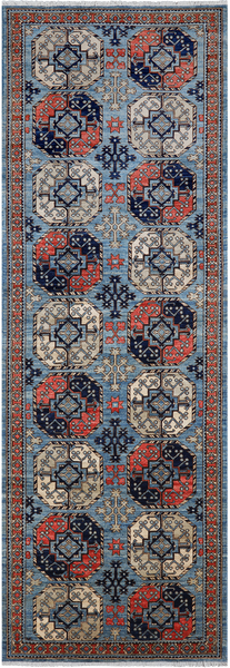 Blue Turkmen Ersari Hand Knotted Wool Runner Rug - 3' 11" X 11' 10"