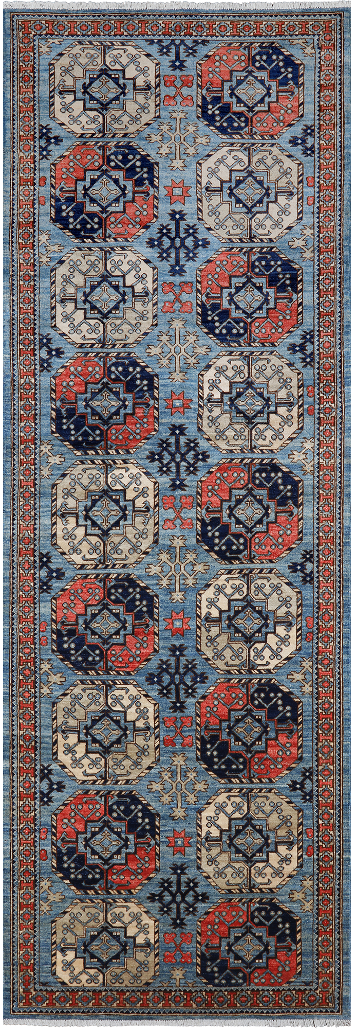 Blue Turkmen Ersari Hand Knotted Wool Runner Rug - 3' 11" X 11' 10"