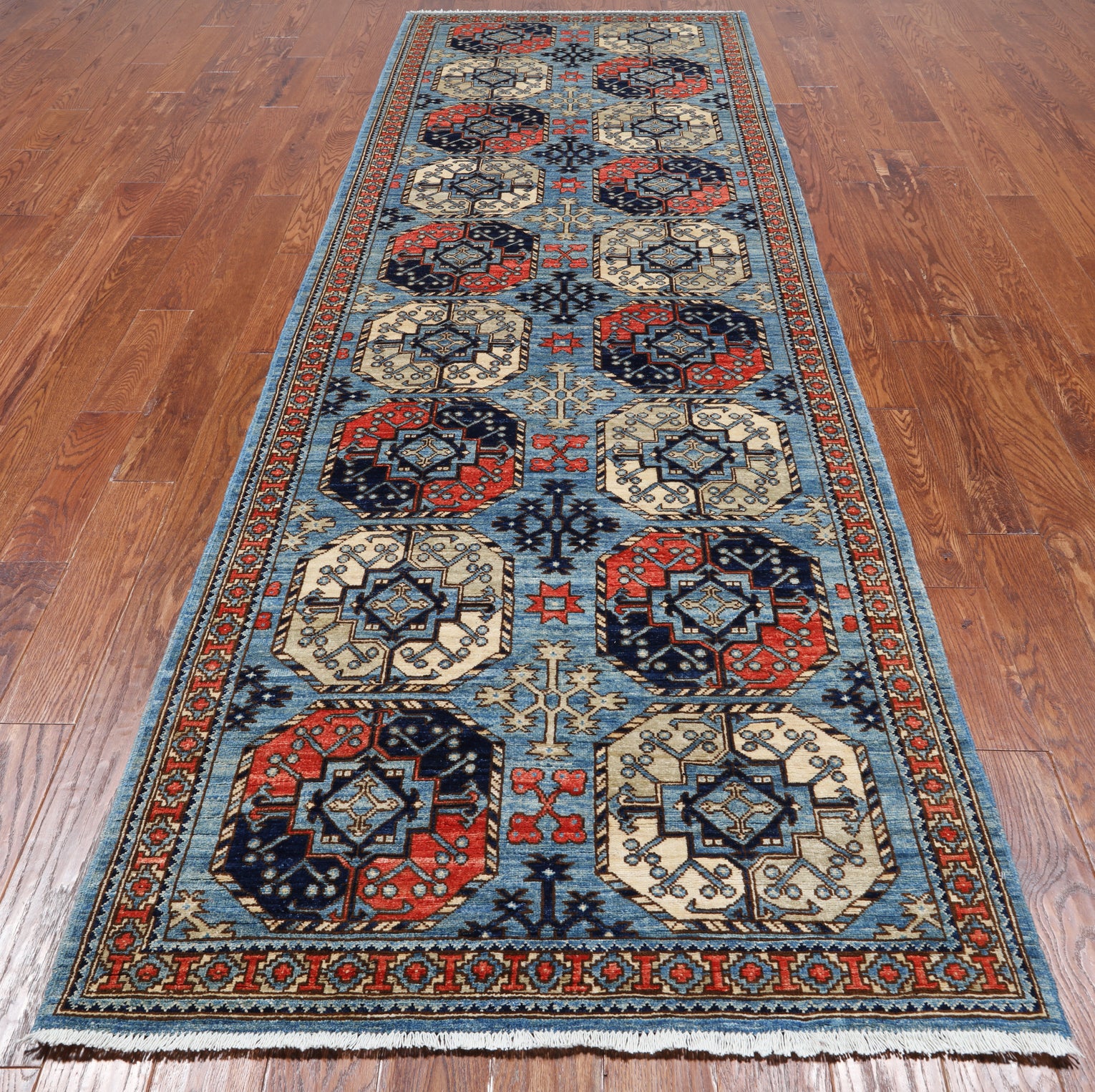 Blue Turkmen Ersari Hand Knotted Wool Runner Rug - 3' 11" X 11' 10"