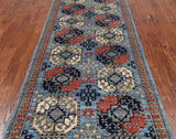 Blue Turkmen Ersari Hand Knotted Wool Runner Rug - 3' 11" X 11' 10"