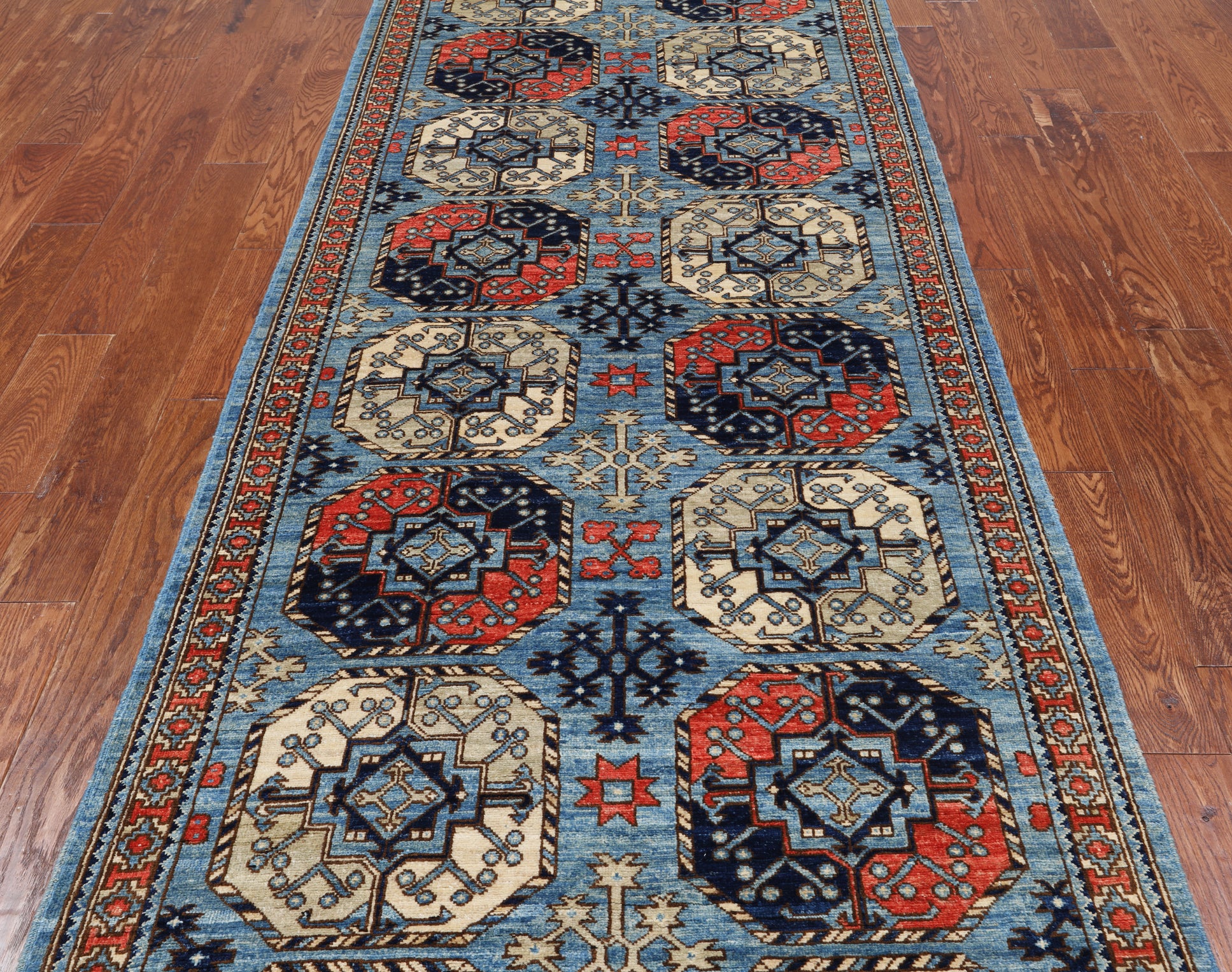 Blue Turkmen Ersari Hand Knotted Wool Runner Rug - 3' 11" X 11' 10"