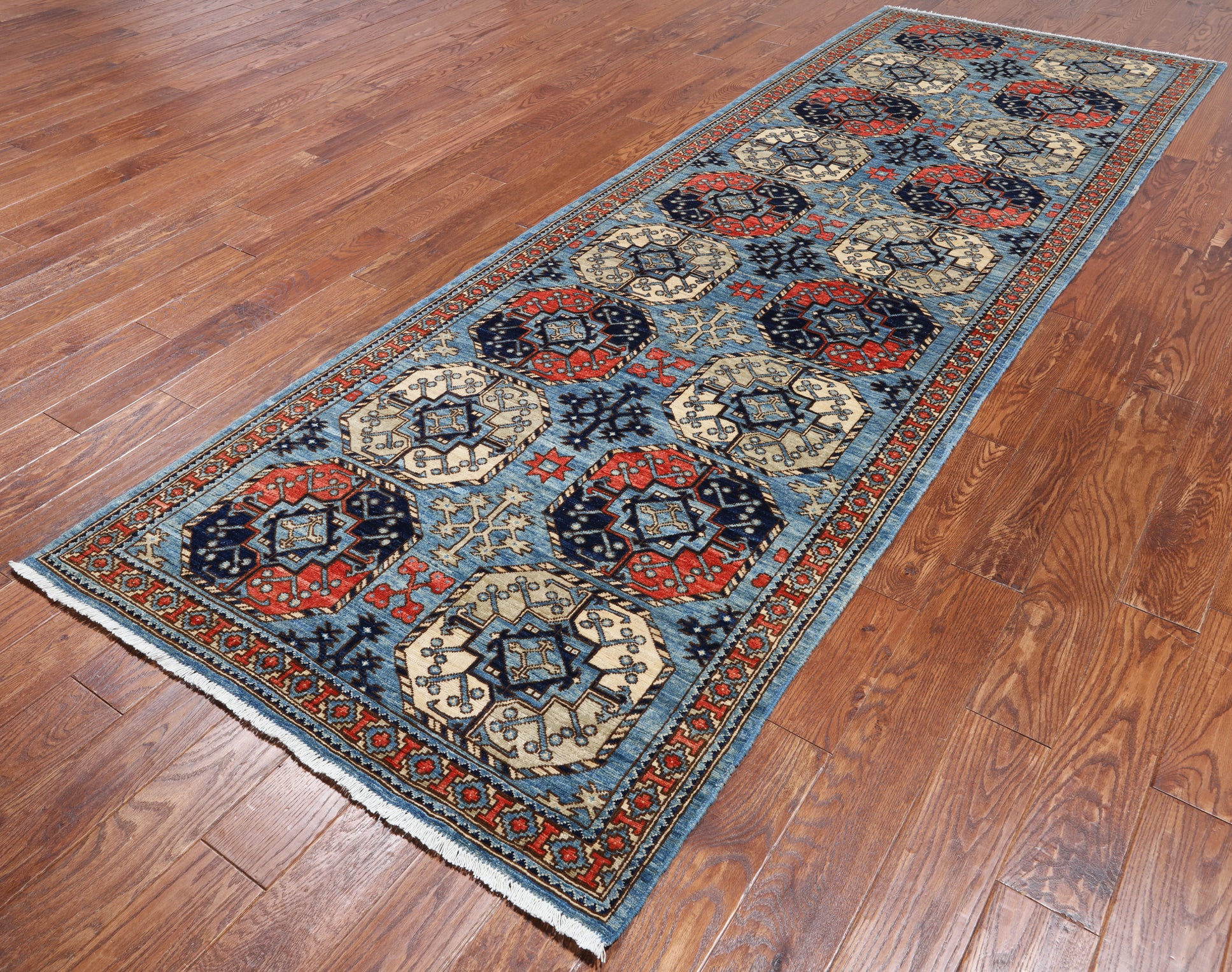 Blue Turkmen Ersari Hand Knotted Wool Runner Rug - 3' 11" X 11' 10"