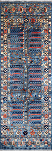 Blue Turkmen Ersari Hand Knotted Wool Runner Rug - 3' 11" X 11' 8"
