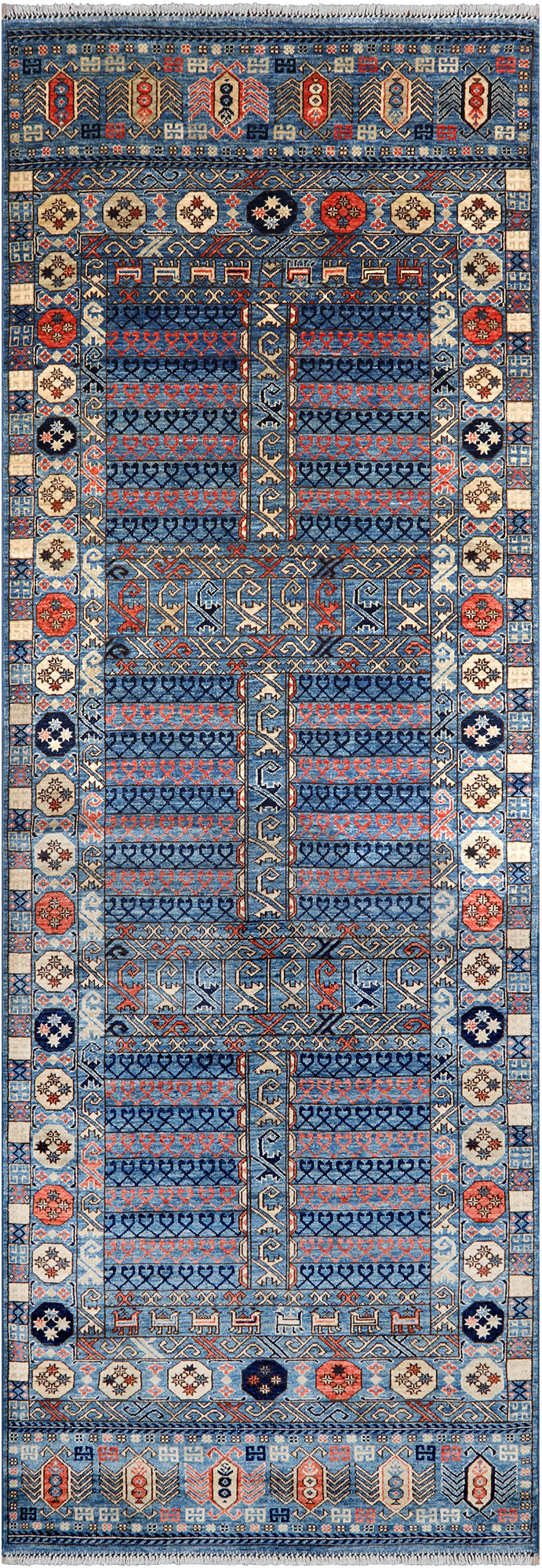 Blue Turkmen Ersari Hand Knotted Wool Runner Rug - 3' 11" X 11' 8"