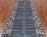 Blue Turkmen Ersari Hand Knotted Wool Runner Rug - 3' 11" X 11' 8"