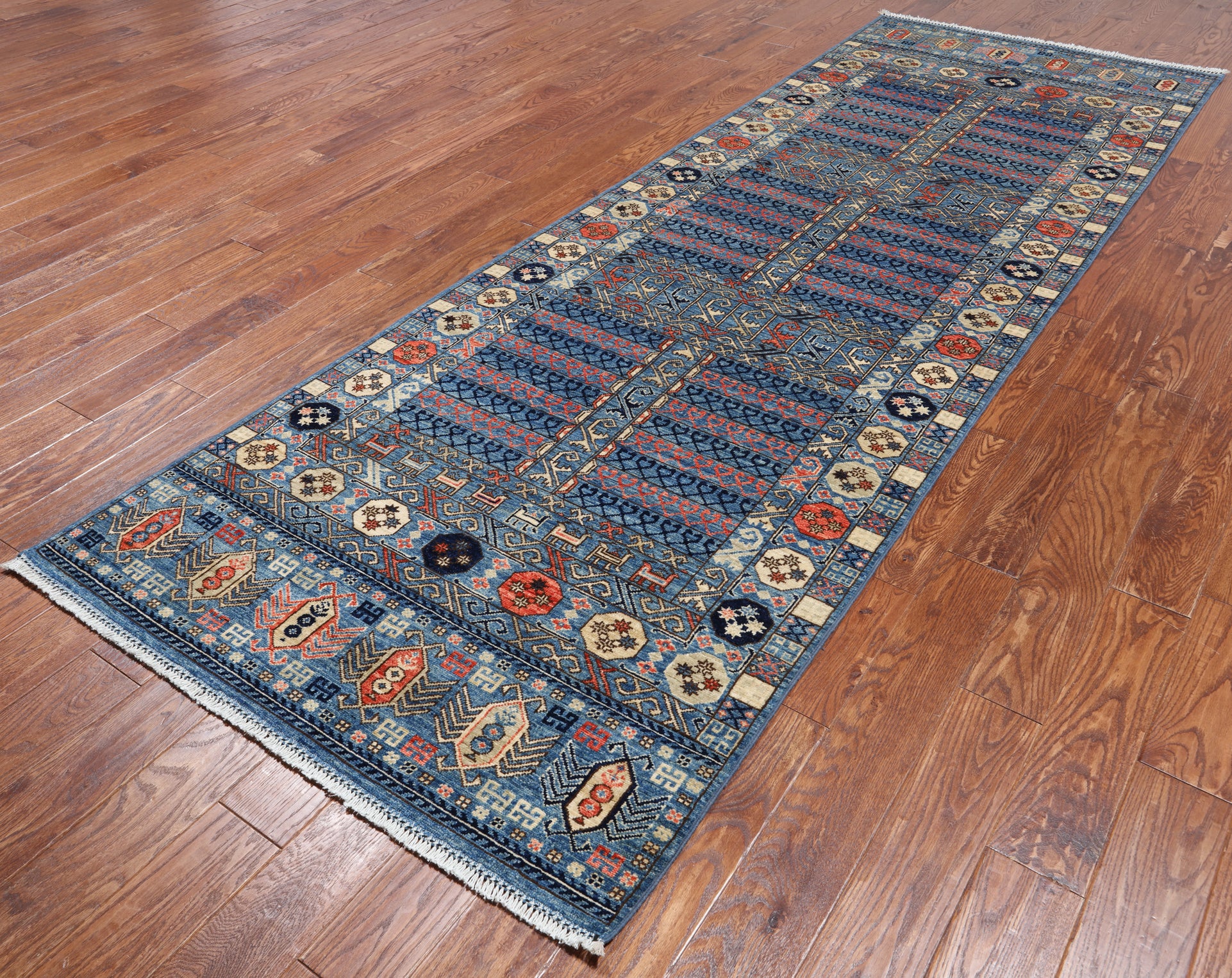 Blue Turkmen Ersari Hand Knotted Wool Runner Rug - 3' 11" X 11' 8"