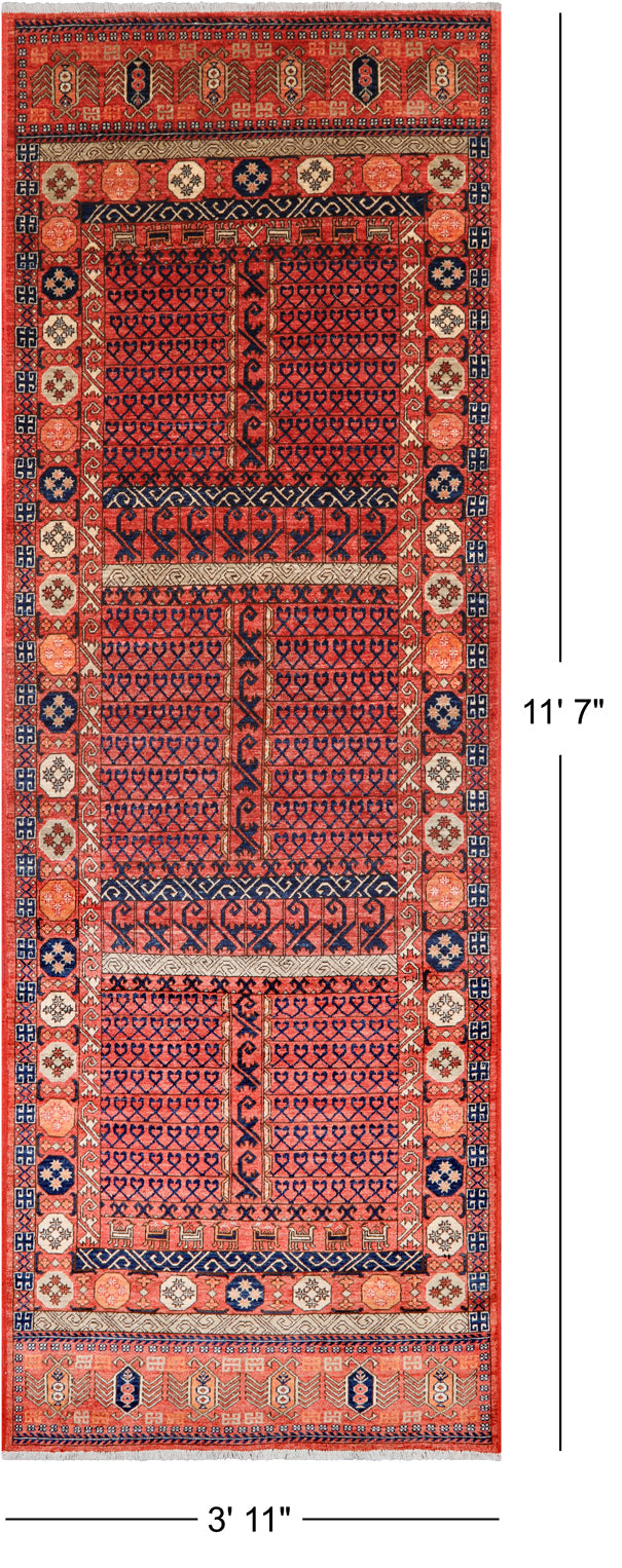 Rust Turkmen Ersari Hand Knotted Wool Runner Rug - 3' 11" X 11' 7"