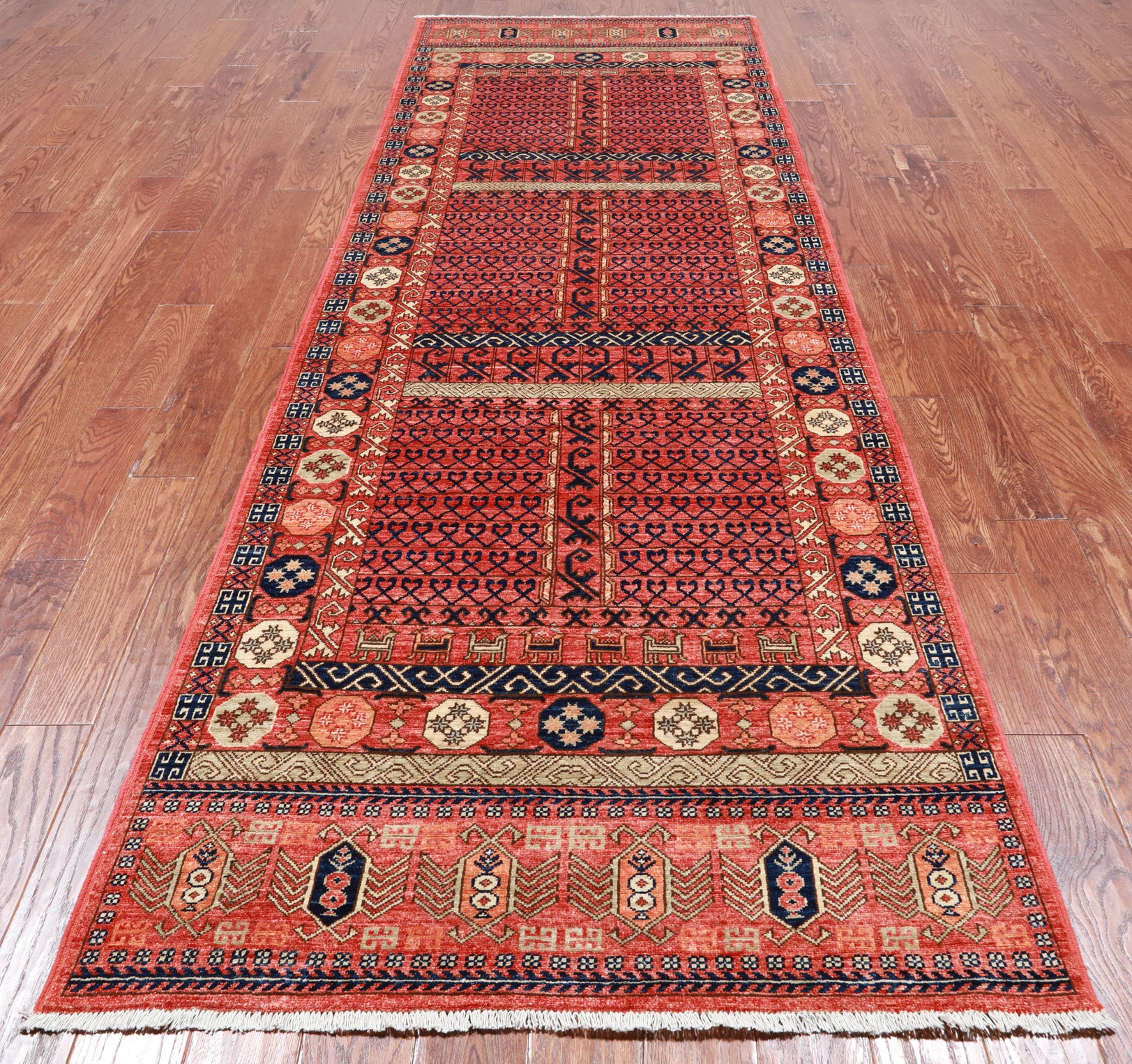 Rust Turkmen Ersari Hand Knotted Wool Runner Rug - 3' 11" X 11' 7"