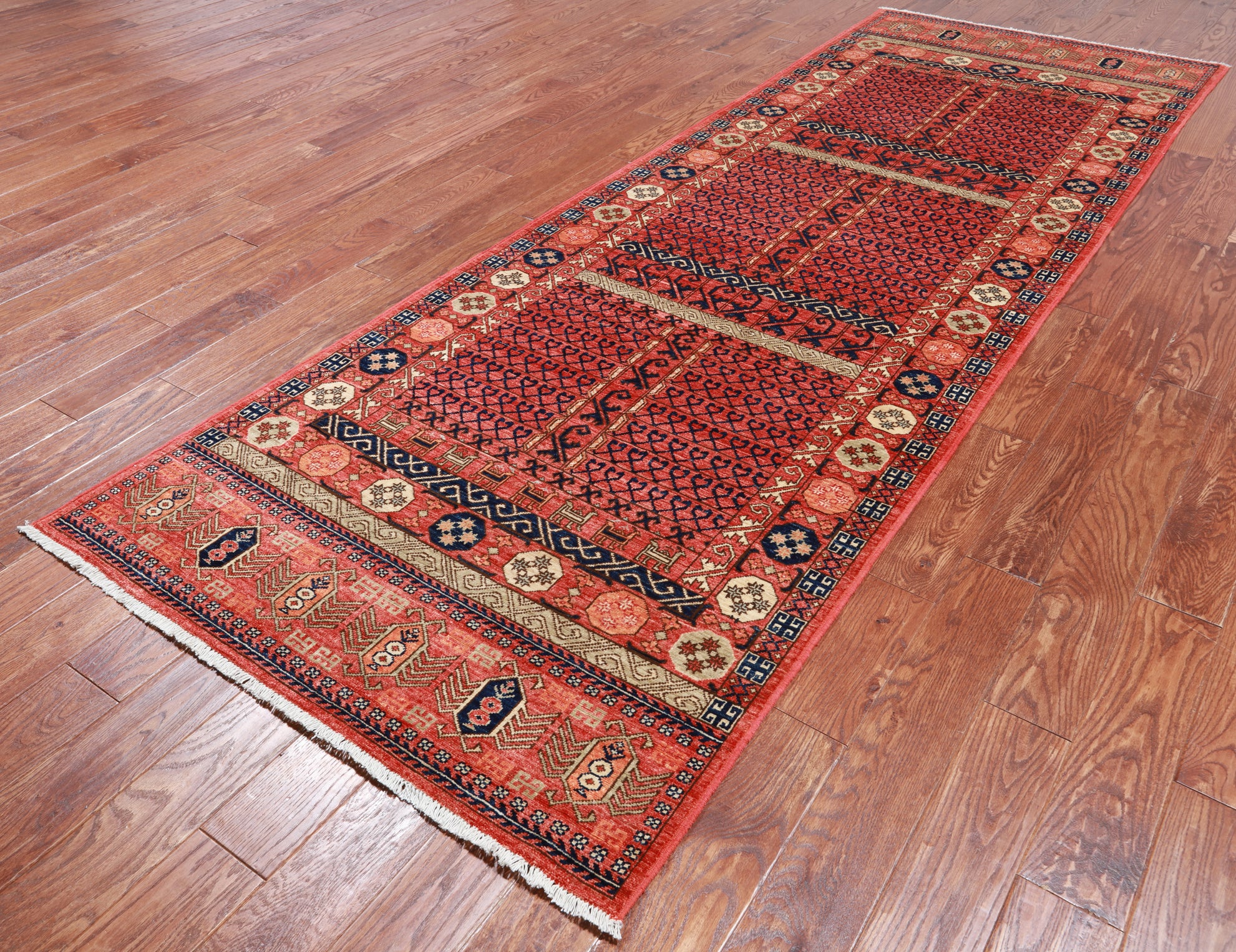 Rust Turkmen Ersari Hand Knotted Wool Runner Rug - 3' 11" X 11' 7"