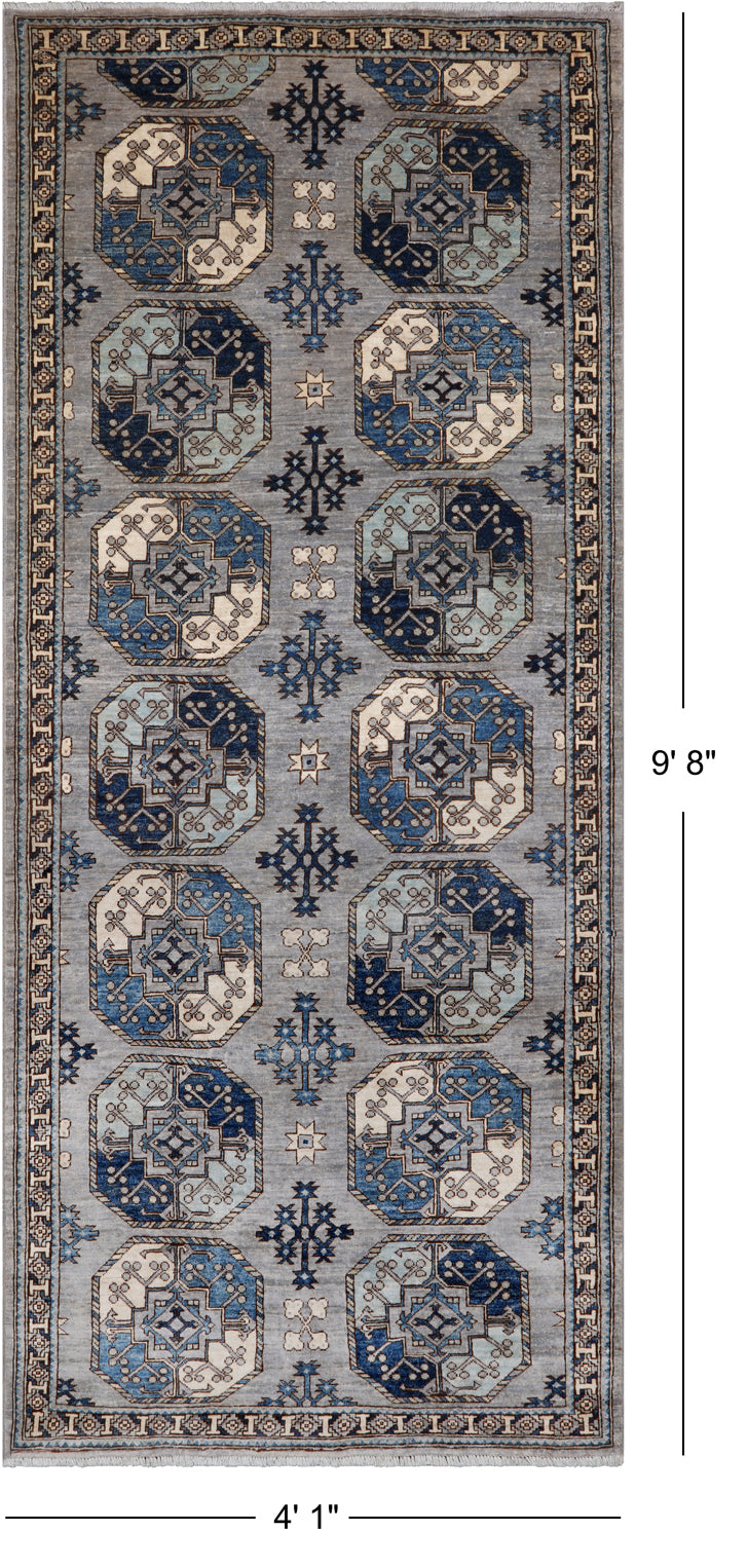 Grey Turkmen Ersari Handmade Wool Runner Rug - 4' 1" X 9' 8"