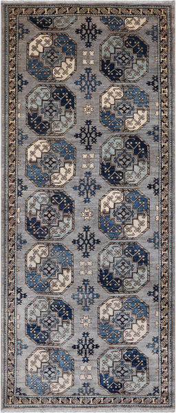Grey Turkmen Ersari Handmade Wool Runner Rug - 4' 1" X 9' 8"