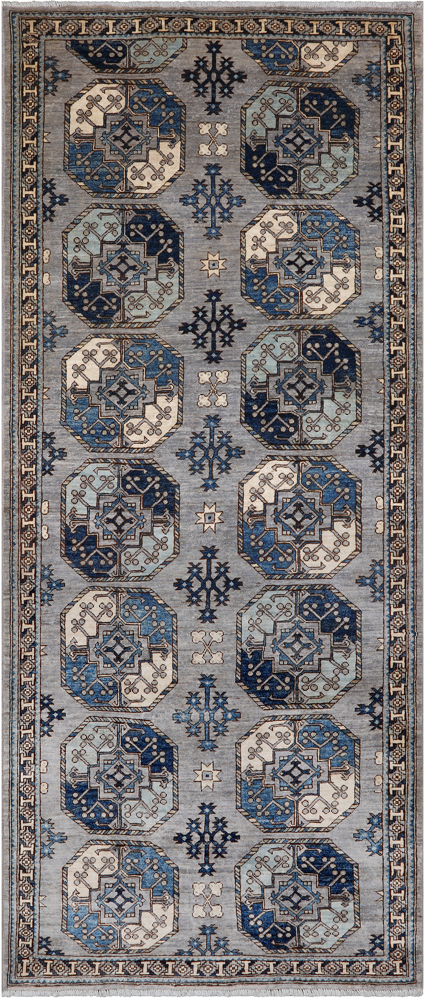 Grey Turkmen Ersari Handmade Wool Runner Rug - 4' 1" X 9' 8"