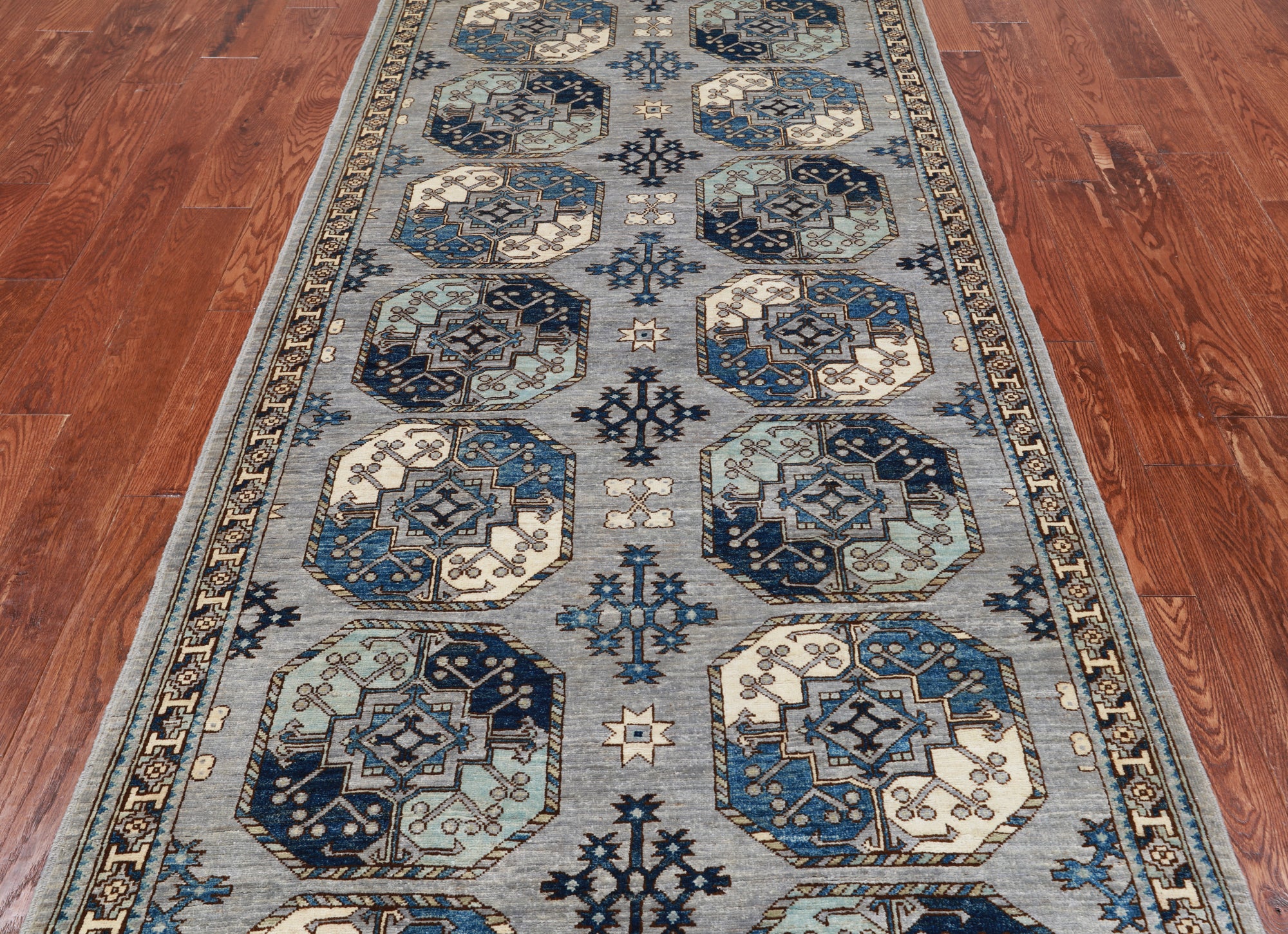 Grey Turkmen Ersari Handmade Wool Runner Rug - 4' 1" X 9' 8"