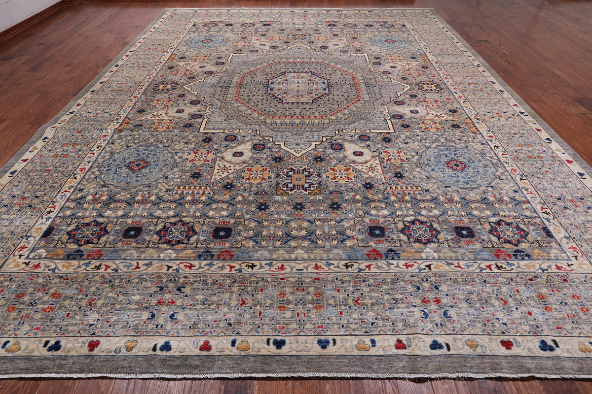 Grey Geometric Persian Mamluk Hand Knotted Wool Rug - 11' 10" X 15' 9"