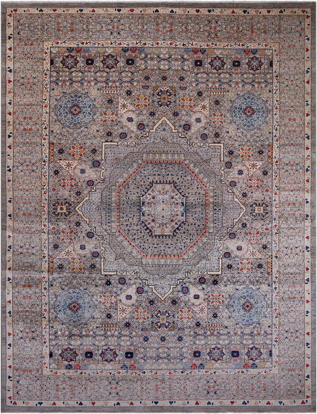 Grey Geometric Persian Mamluk Hand Knotted Wool Rug - 11' 10" X 15' 9"
