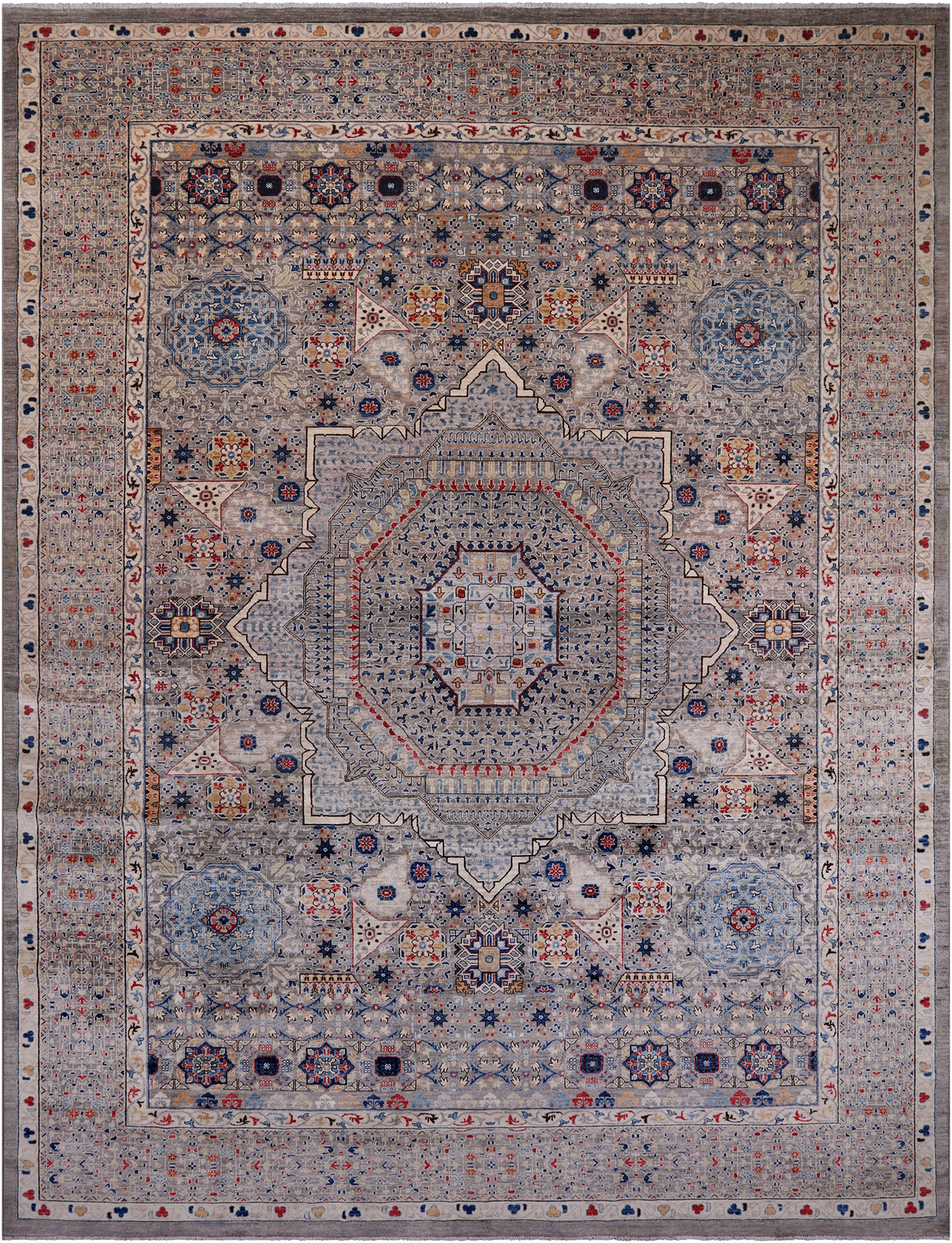 Grey Geometric Persian Mamluk Hand Knotted Wool Rug - 11' 10" X 15' 9"
