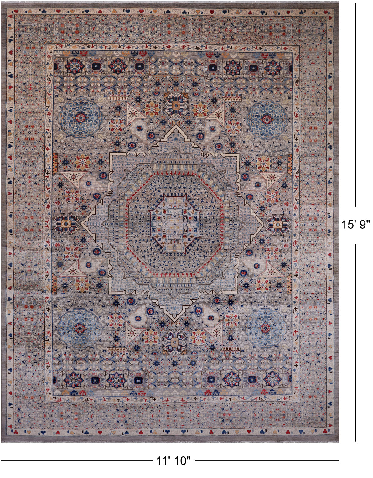 Grey Geometric Persian Mamluk Hand Knotted Wool Rug - 11' 10" X 15' 9"