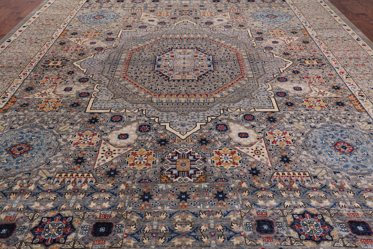Grey Geometric Persian Mamluk Hand Knotted Wool Rug - 11' 10" X 15' 9"