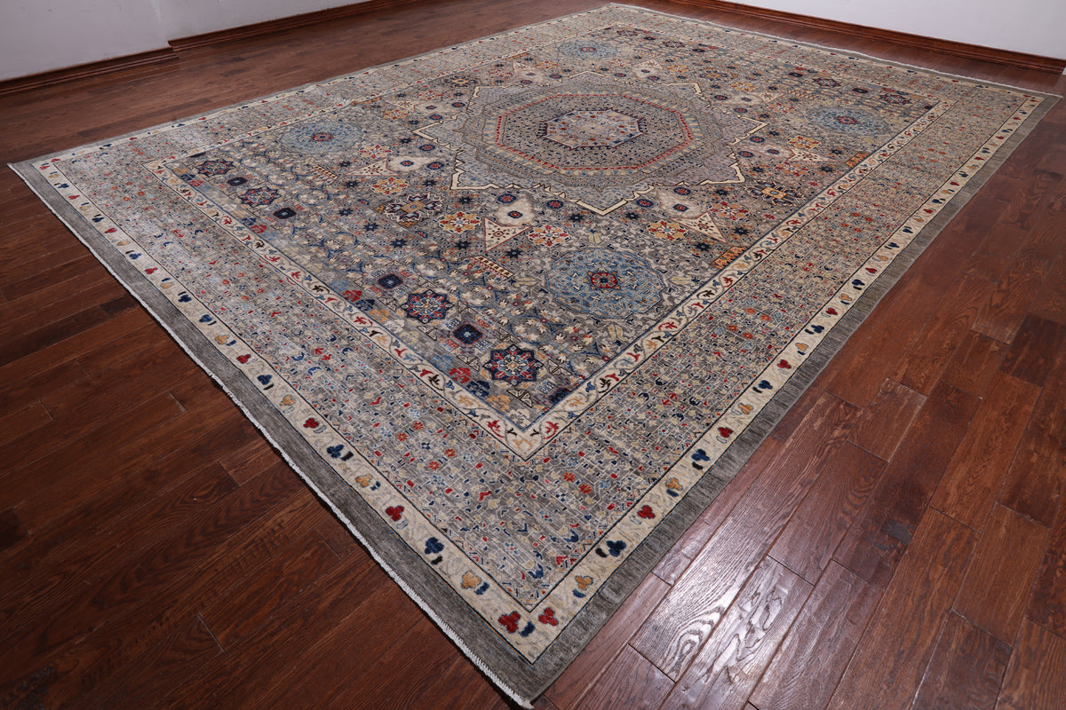 Grey Geometric Persian Mamluk Hand Knotted Wool Rug - 11' 10" X 15' 9"