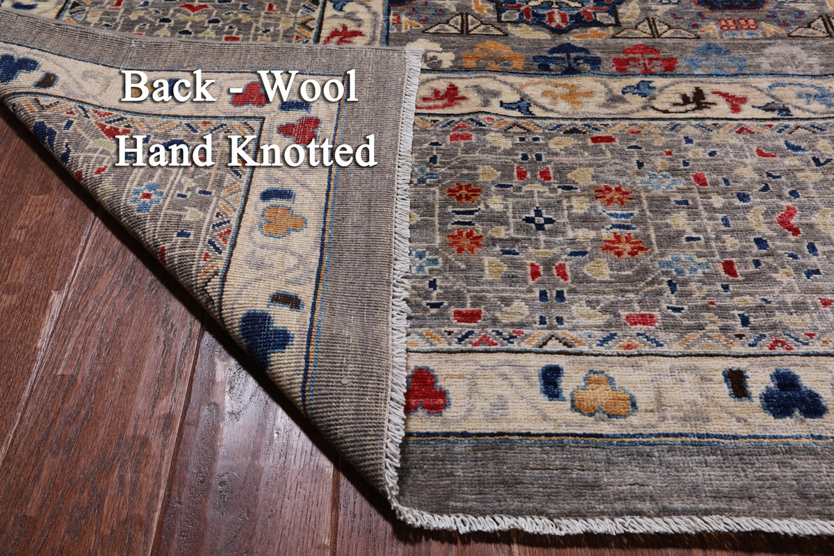 Grey Geometric Persian Mamluk Hand Knotted Wool Rug - 11' 10" X 15' 9"
