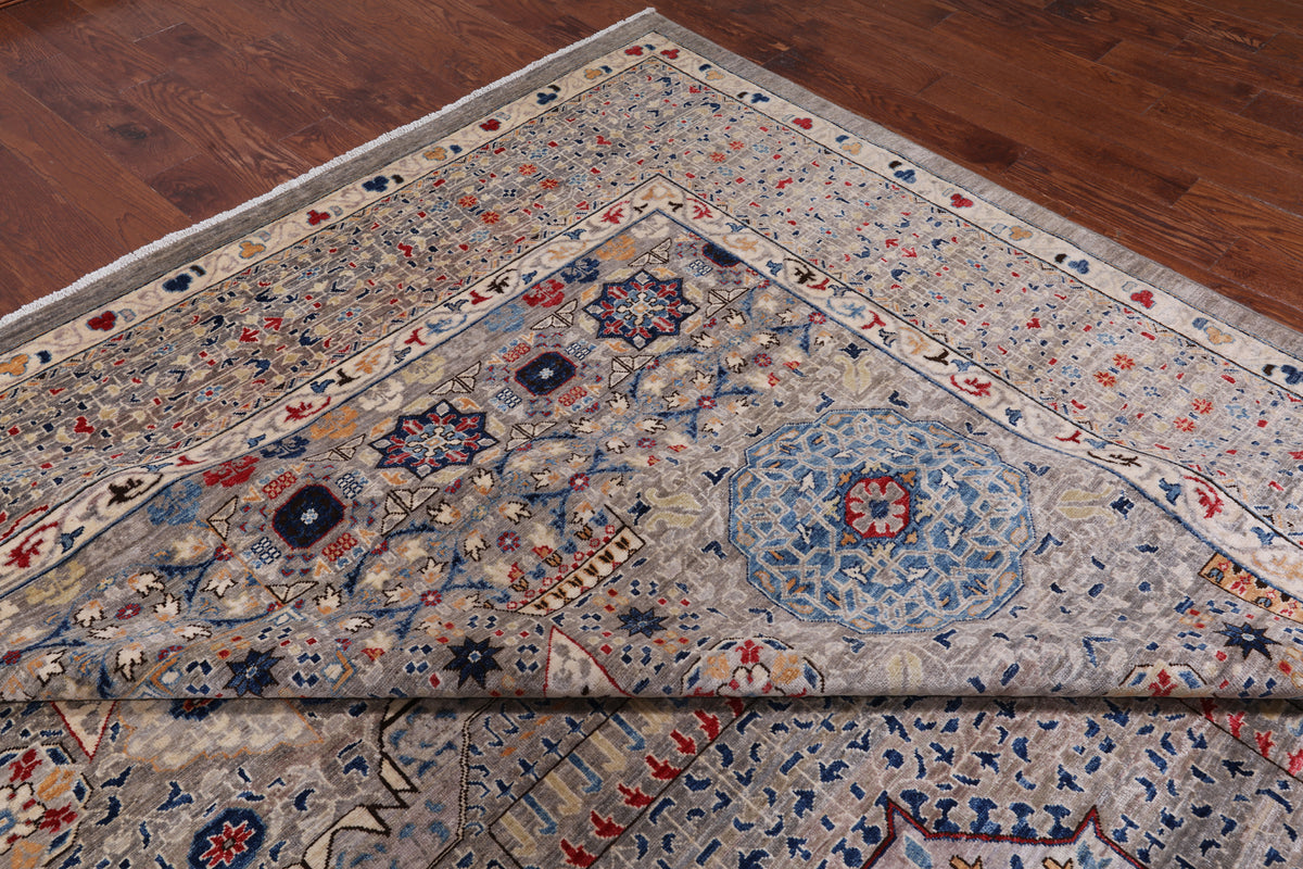 Grey Geometric Persian Mamluk Hand Knotted Wool Rug - 11' 10" X 15' 9"