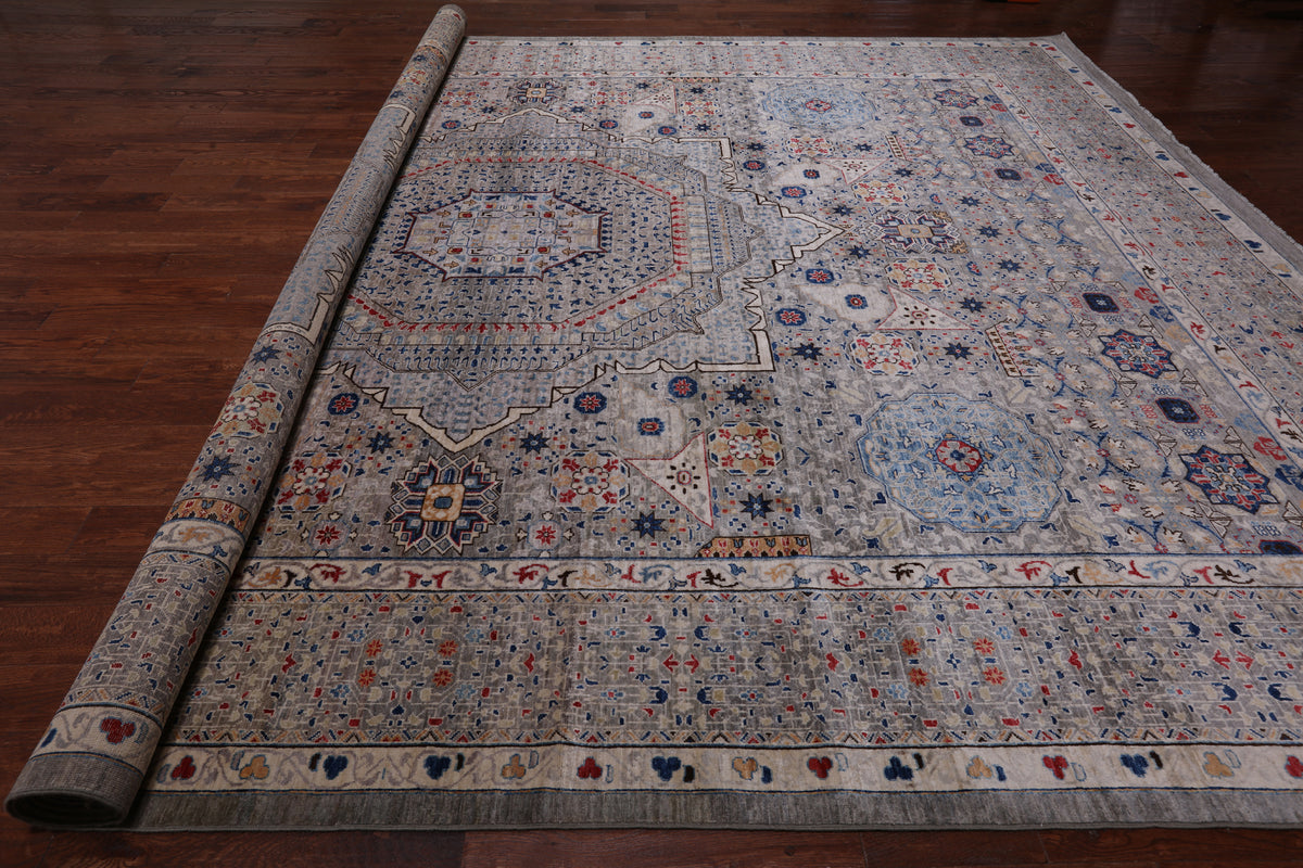 Grey Geometric Persian Mamluk Hand Knotted Wool Rug - 11' 10" X 15' 9"