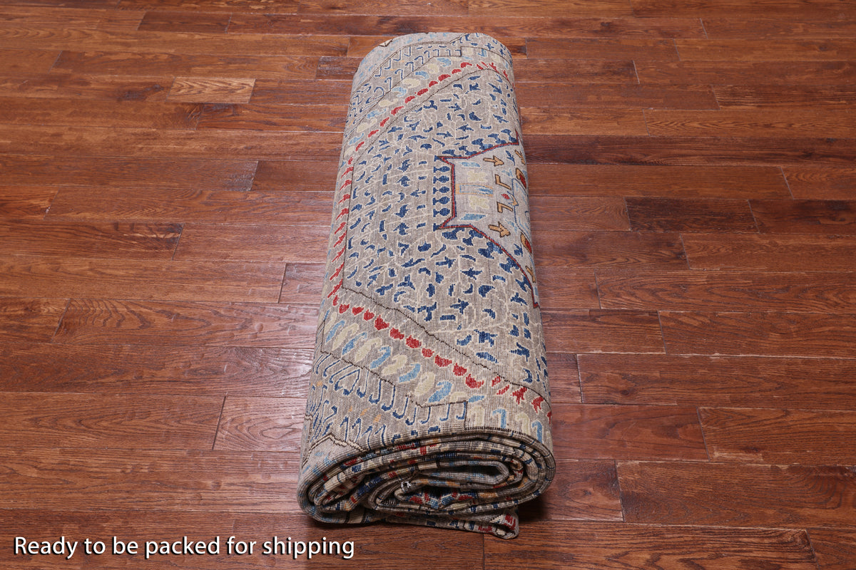 Grey Geometric Persian Mamluk Hand Knotted Wool Rug - 11' 10" X 15' 9"