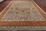 Green Geometric Persian Mamluk Hand Knotted Wool Rug - 12' 0" X 15' 7"