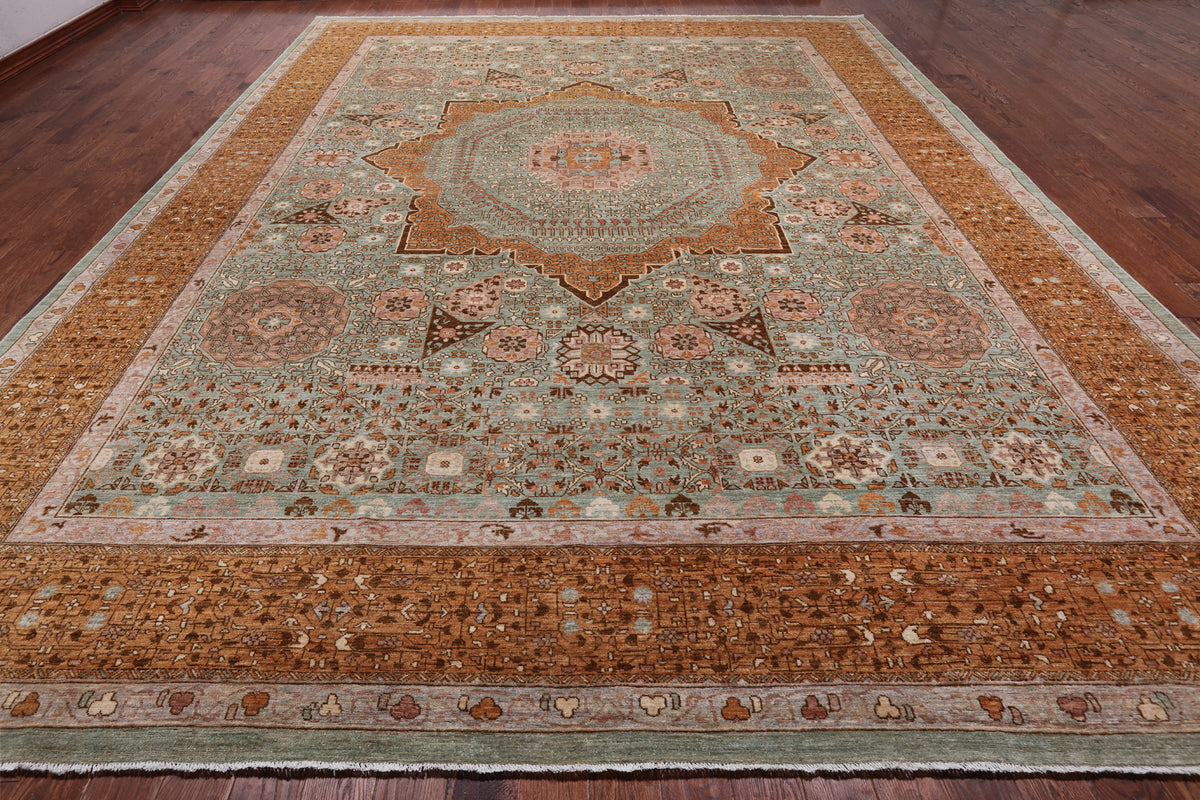 Green Geometric Persian Mamluk Hand Knotted Wool Rug - 12' 0" X 15' 7"