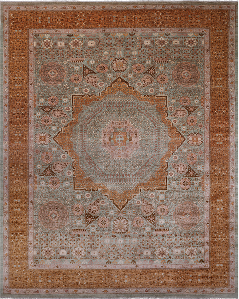 Green Geometric Persian Mamluk Hand Knotted Wool Rug - 12' 0" X 15' 7"