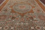 Green Geometric Persian Mamluk Hand Knotted Wool Rug - 12' 0" X 15' 7"