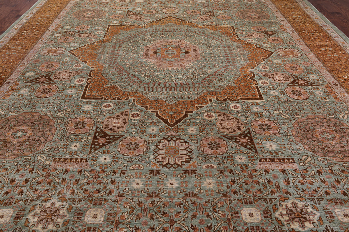 Green Geometric Persian Mamluk Hand Knotted Wool Rug - 12' 0" X 15' 7"