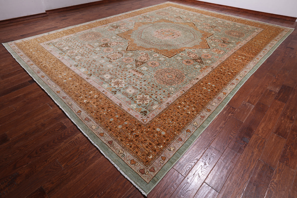 Green Geometric Persian Mamluk Hand Knotted Wool Rug - 12' 0" X 15' 7"