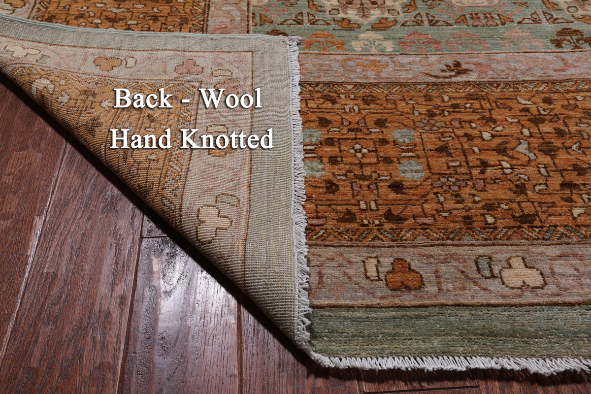 Green Geometric Persian Mamluk Hand Knotted Wool Rug - 12' 0" X 15' 7"