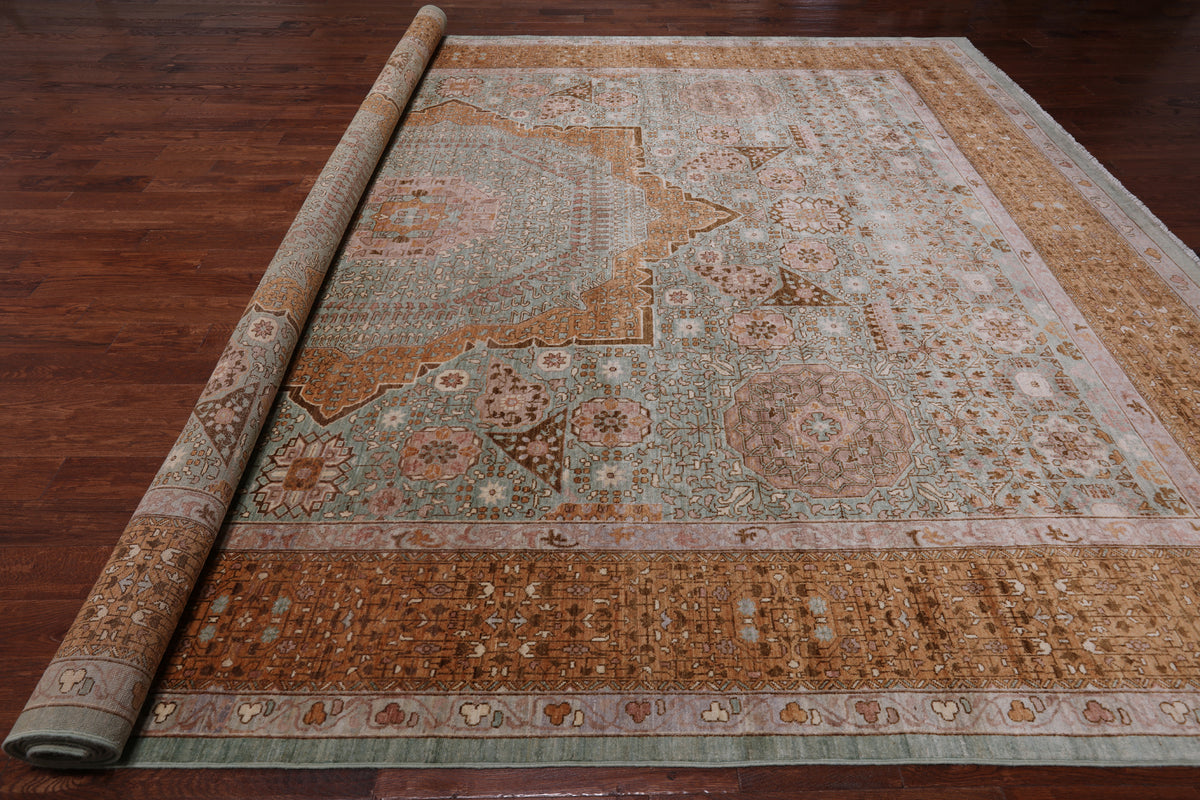 Green Geometric Persian Mamluk Hand Knotted Wool Rug - 12' 0" X 15' 7"