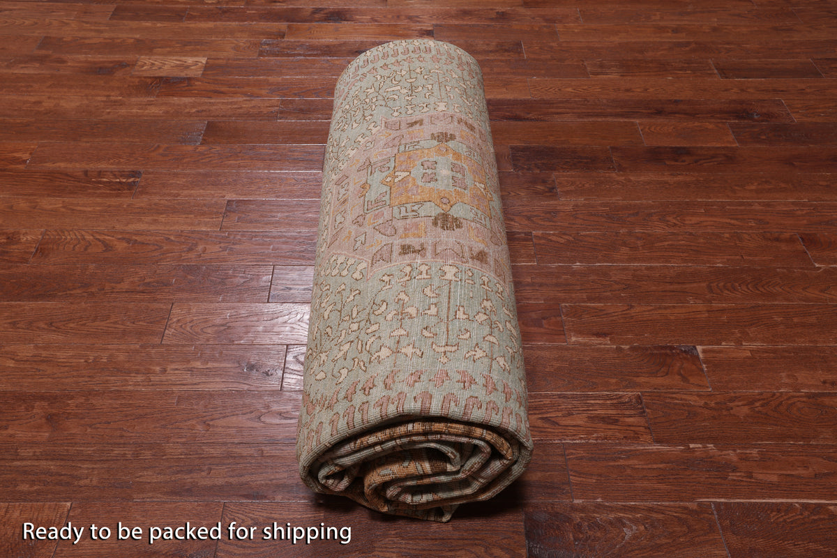 Green Geometric Persian Mamluk Hand Knotted Wool Rug - 12' 0" X 15' 7"