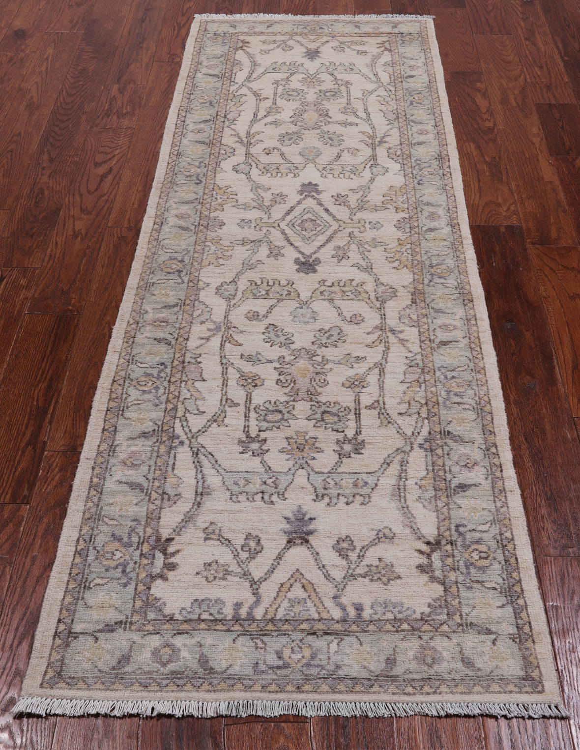 Ivory Peshawar Washed Out Hand Knotted Wool Runner Rug - 2' 7" X 7' 6"