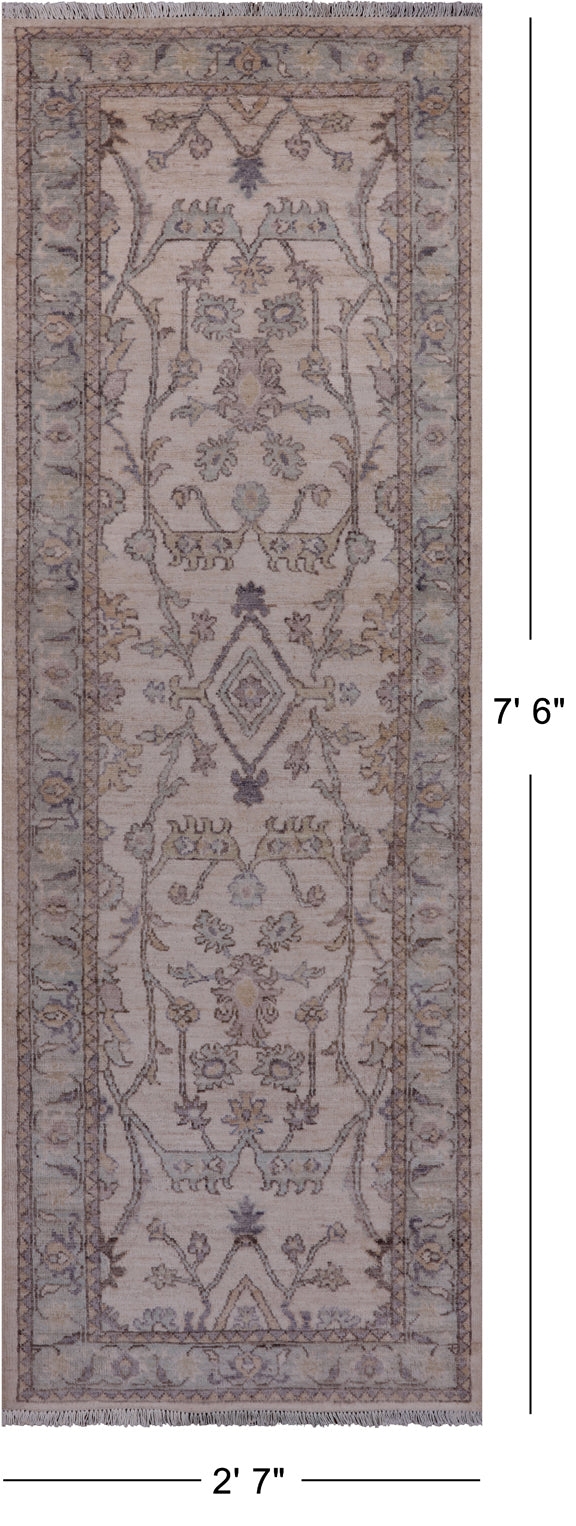 Ivory Peshawar Washed Out Hand Knotted Wool Runner Rug - 2' 7" X 7' 6"