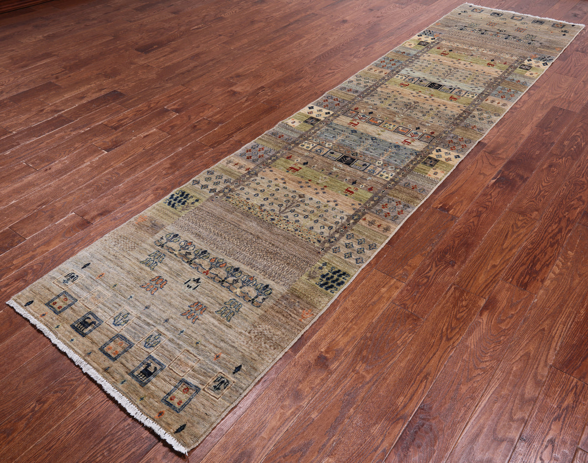 Tribal Persian Gabbeh Hand-Knotted Wool Runner Rug - 2' 10" X 12' 6"